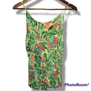 Women's Secret Tropical Floral Jungle Green Pink Tank Top Romper Spring S Small
